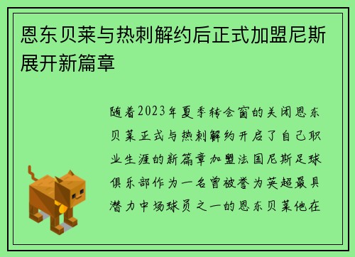 恩东贝莱与热刺解约后正式加盟尼斯展开新篇章 恩东贝莱与热刺解约后正式加盟尼斯展开新篇章
